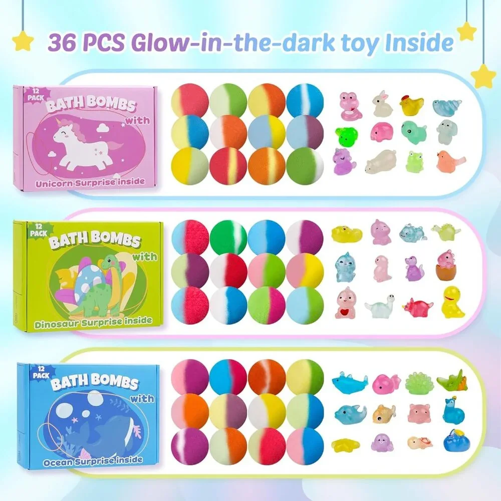 Bath Bombs for Kids with Toy Inside, 36 Pcs Bath Bombs with Glow in The Dark Din